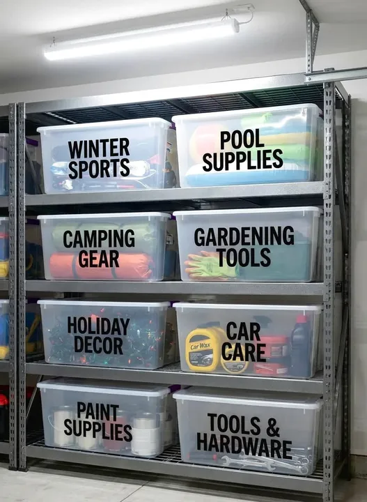 Garage shelving with large labelled storage bins for seasonal gear
