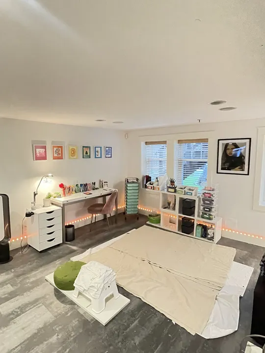 Craft and office room organized with rolling carts and labelled cube storage, Vancouver