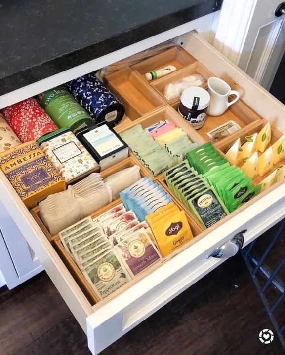 Kitchen tea drawer sorted into bamboo compartments