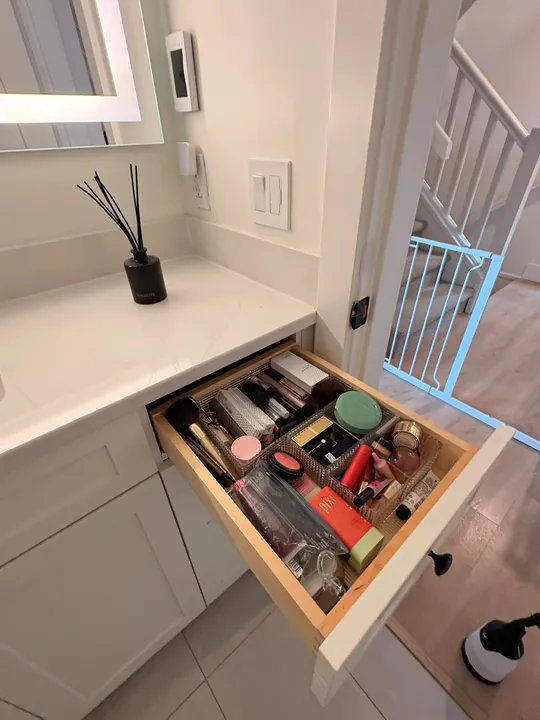 Makeup drawer organized with mesh dividers